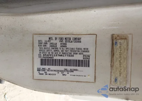 1998 Ford Escort Zx2 Cool/Zx2 Hot from USA, damaged, VIN 3FAFP1137WR177535